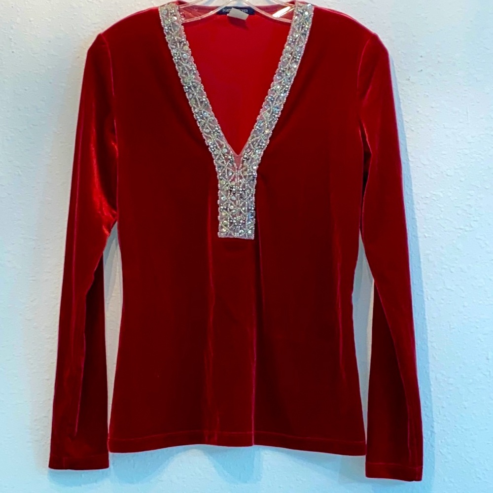 BOSTON PROPER Red Velvet Long-Sleeves Top